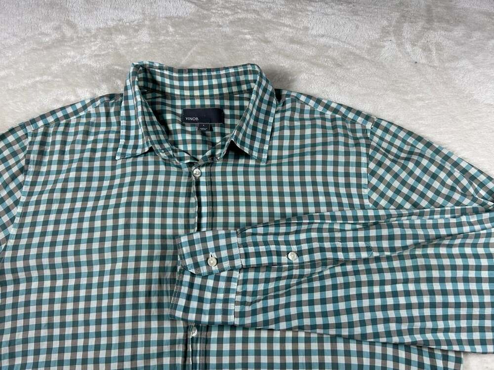 Vince Mens Large Long Sleeve Button Up Shirt Blue Grey Gingham Check Flawed